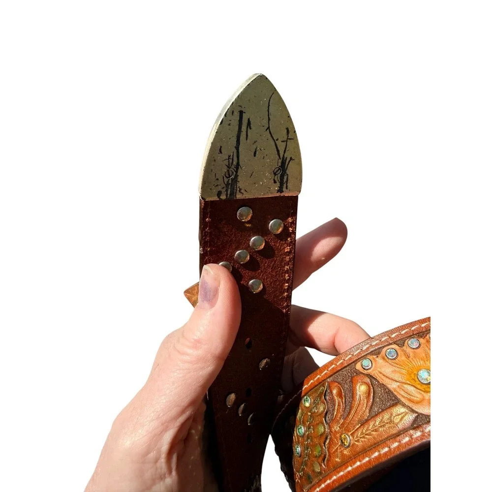 Womens‎ Floral Tooled Leather Western Belt Brown Rhinestone embossed L